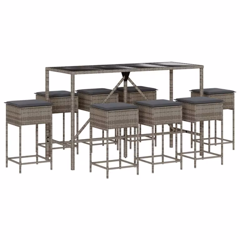 Set Bar da Giardino 9 pz con Cuscini in Polyrattan Grigio