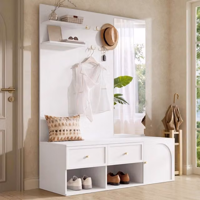 Set guardaroba da ingresso FOLYNAARREDO bianco con specchio, 5 ganci, 2 cassetti e ripiani, L/P/H: 120 x 35 x 159 cm