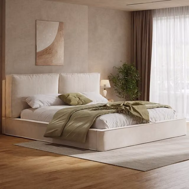 Letto matrimoniale imbottito 180x200 cm con rete a doghe; testiera alta in chenille beige