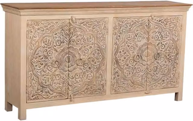 Credenza in legno beige WANDERLUST DECO con decoro floreale ed etnico L: 175 cm, P: 40 cm, H: 94 cm
