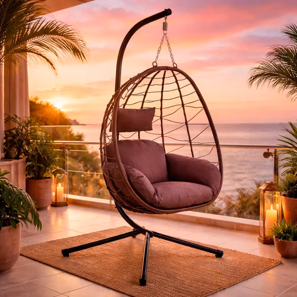 Poltrona Sospesa Egg Lounge con Struttura in Acciaio Verniciato e Cuscini, Design Moderno per Giardino, Terrazzo o Balcone, Marrone, L/P/H: 196 x 93 x 109 cm – 2