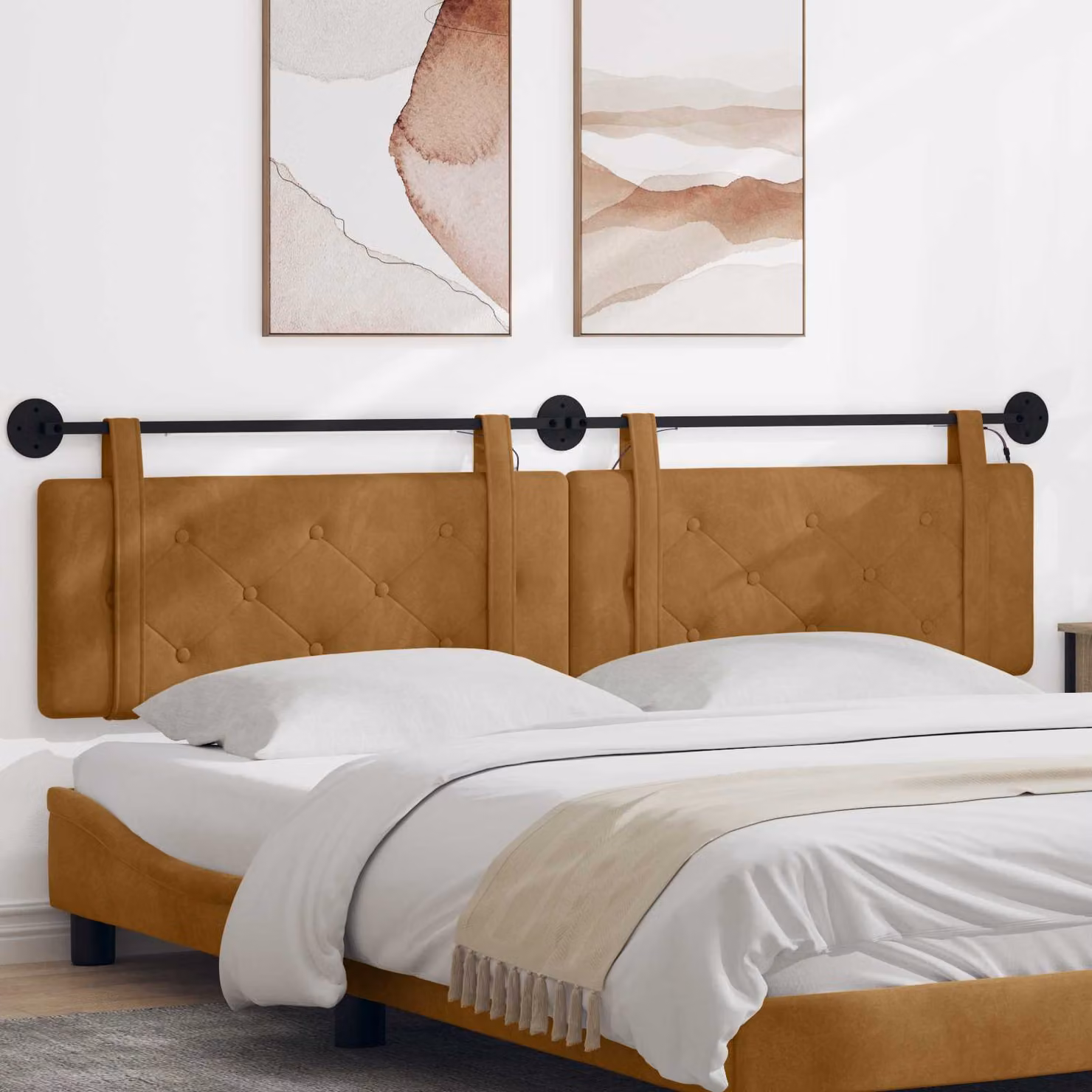 Testiera sospesa vidaXL in velluto marrone con luce LED integrata L: 210 cm, H: 55 cm, P: 9,3 cm