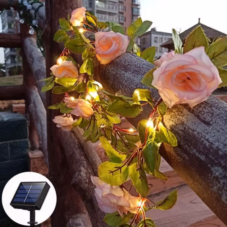 Catena luminosa solare a forma di fiore, 5 metri, 50 LED, color champagne rosa, per uso interno ed esterno