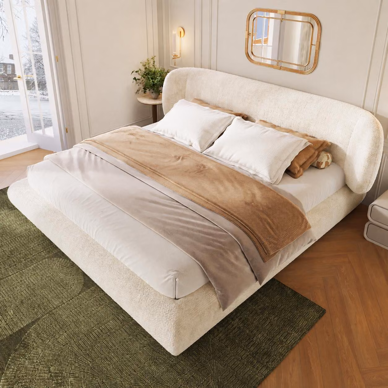 Letto imbottito okwish 140x190 con testiera arrotondata, letto matrimoniale con rete a doghe, imbottitura elastica, letto per giovani, colore beige, senza materasso