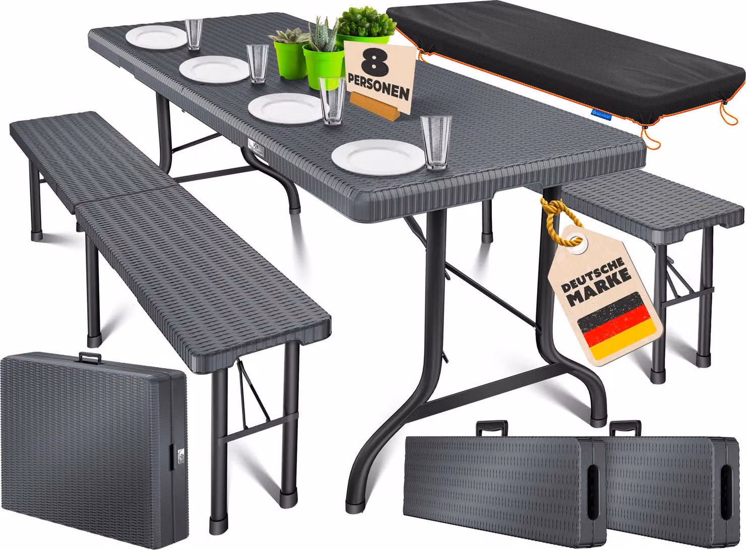 Set da birreria KESSER® 3 pezzi con tavolo e 2 panche | Tavolo da buffet per interni ed esterni Set da giardino pieghevole 183x76x74 cm Tavolo da giardino pieghevole in plastica con copertura e maniglie per il trasporto incluse
