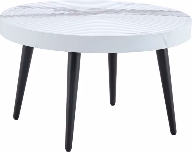 Tavolino rotondo REDOM in stile scandinavo con piano bianco effetto marmo e struttura in metallo, L: 73,99 cm, P: 73,61 cm, H: 22,5 cm