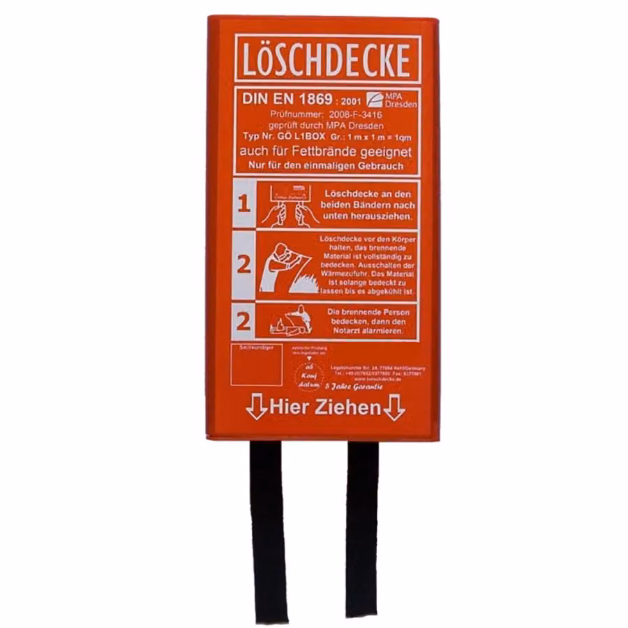 Coperta antifiamma 100x100 cm, coperta antincendio DIN EN 1869:2001 certificata MPA, in fibra di vetro con custodia rossa, per cucina, casa e campeggi