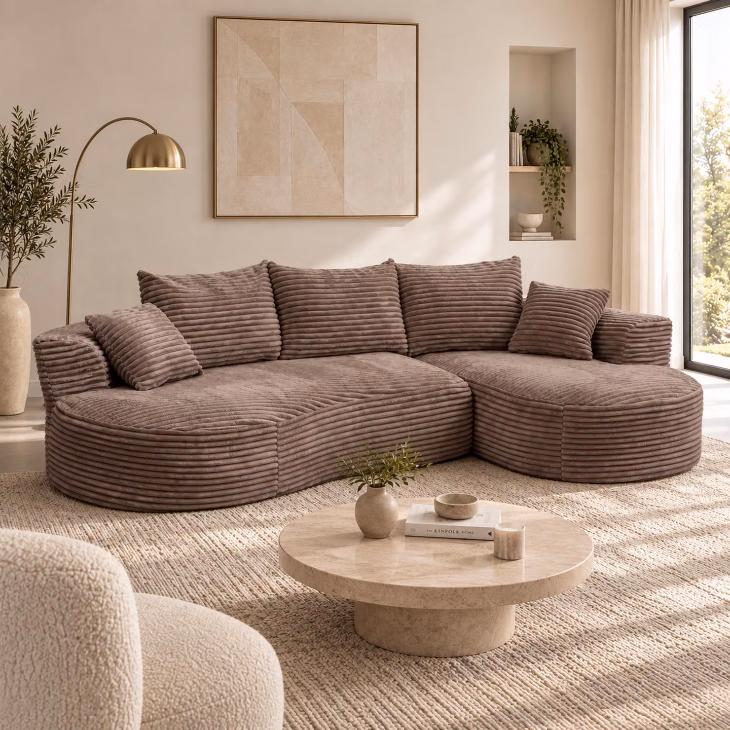 Divano componibile HWC-P19, divano a 3 posti, divano lounge, rivestito in tessuto Cord (370 g/m²), con chaise longue a destra, colore marrone