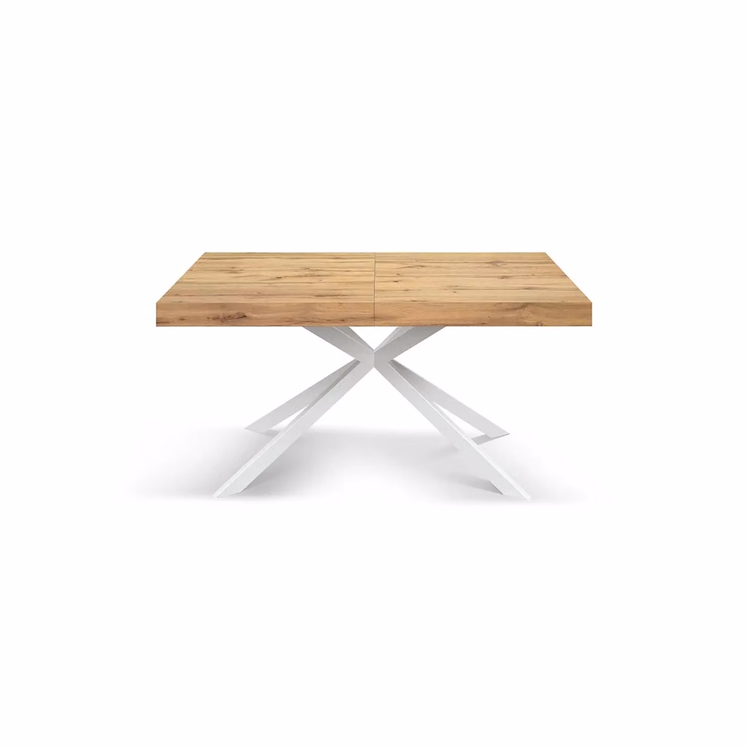 Tavolo CAMAIORE in legno, finitura rovere rustico e base a X in metallo bianco, allungabile 180×90 cm - 260×90 cm