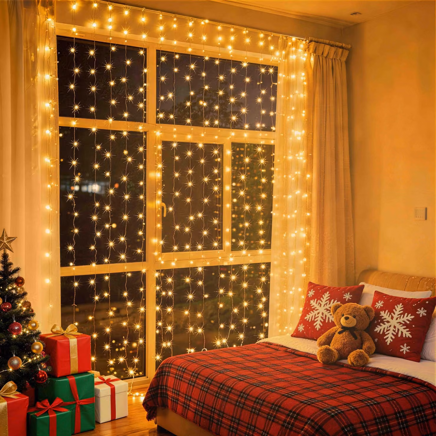 Tenda luminosa a LED, dimensioni 3x3 metri, 300 lampadine, luce bianco caldo, grado di protezione IP44, alimentazione USB, telecomando