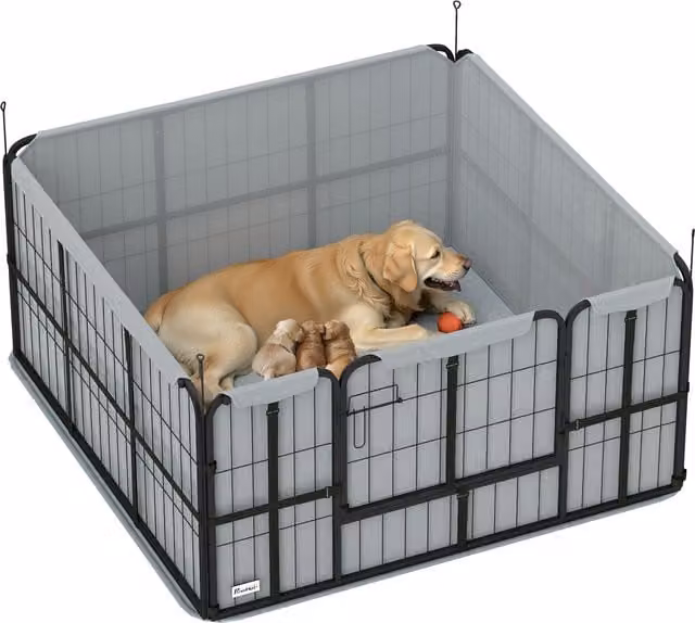 PawHut Parco per cani con cuccia e tappeto lavabile, nero e grigio, L 122 x P 122 x H 60 cm