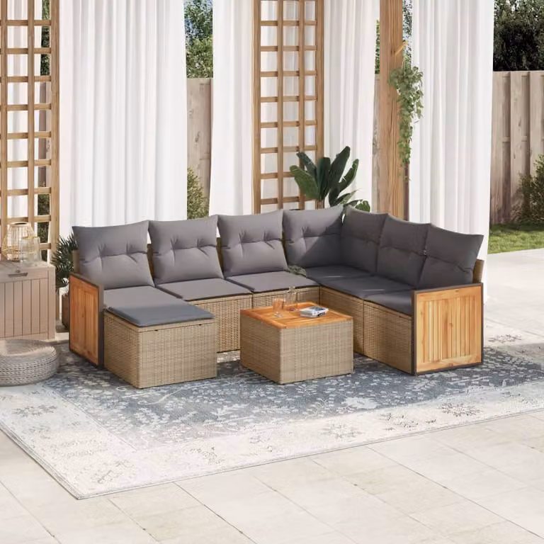 vidaXL Set Divano da Giardino a L 8 pz in Polyrattan con Cuscini Beige e Tavolino