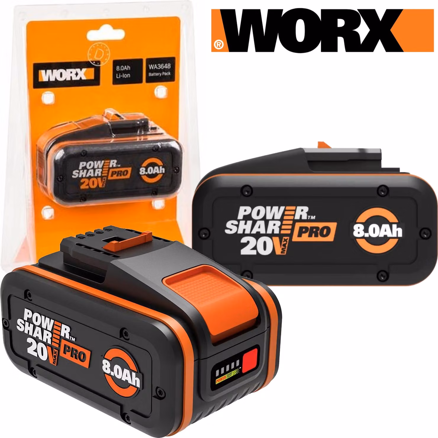 8,0 Ah 20 V PRO Li-Ion Worx WA3648 Batteria PowerShare