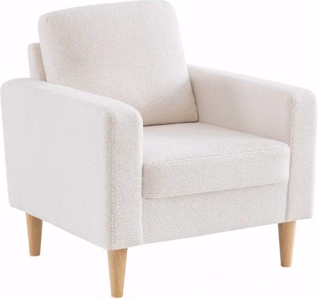Poltrona scandinava Sweeek in tessuto bouclé bianco con struttura in legno e braccioli – 1