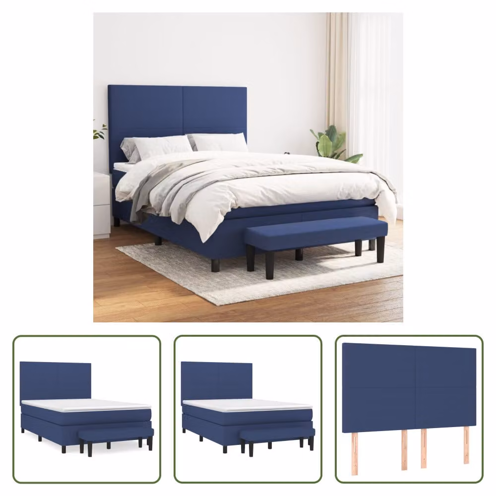 The Living Store Letto a molle con materasso Blu 140x200 cm in tessuto