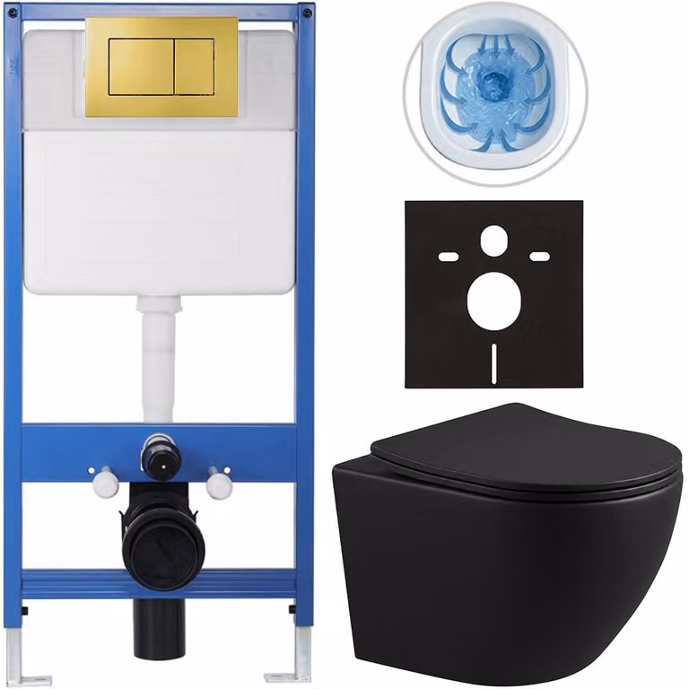CERANO - Set completo per WC da incasso Lite/Verde - nero opaco - pulsante WC Classic, dorato - installazione a parete/cartongesso - 49x36 cm