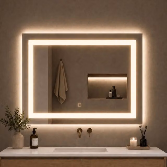 Specchio da bagno rettangolare OGOMONDO con cornice in alluminio silver, luce LED dimmerabile e interruttore touch, L: 90 cm, H: 70 cm