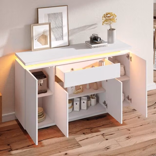 Sideboard bianco con illuminazione LED, 1 cassetto e 4 ante, per soggiorno, corridoio o cucina, 140x40x80 cm