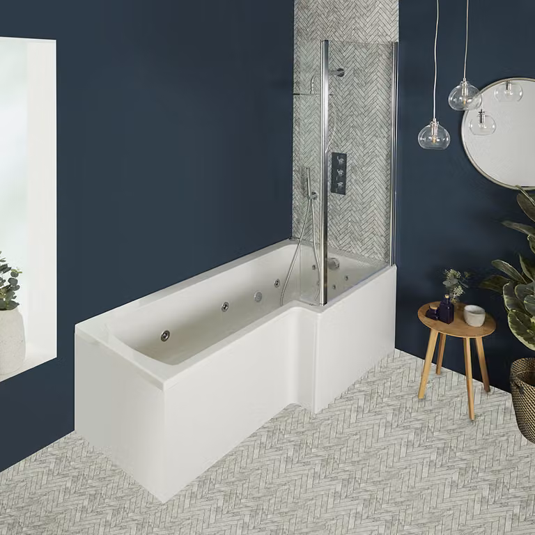 Vasca da bagno idromassaggio asimmetrica con doccia HudsonReed in acrilico bianco con ingresso a destra L: 170 cm, P: 85 cm