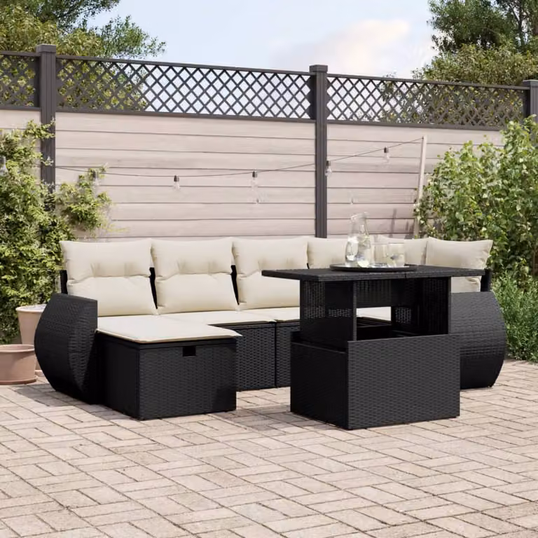 Set Divani da Giardino vidaXL in Polyrattan Nero con 7 Pezzi e Cuscini Imbottiti