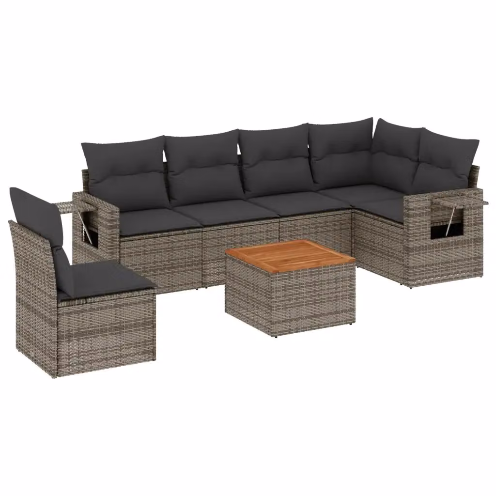 vidaXL Set Divani da Giardino 7 pz a Forma a L in Polyrattan Grigio con Cuscini e Tavolino – 2