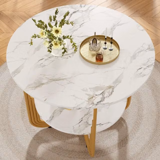 Set da pranzo moderno 5 pezzi con tavolo rotondo 80 cm in MDF effetto marmo e 4 sedie in velluto grigio
