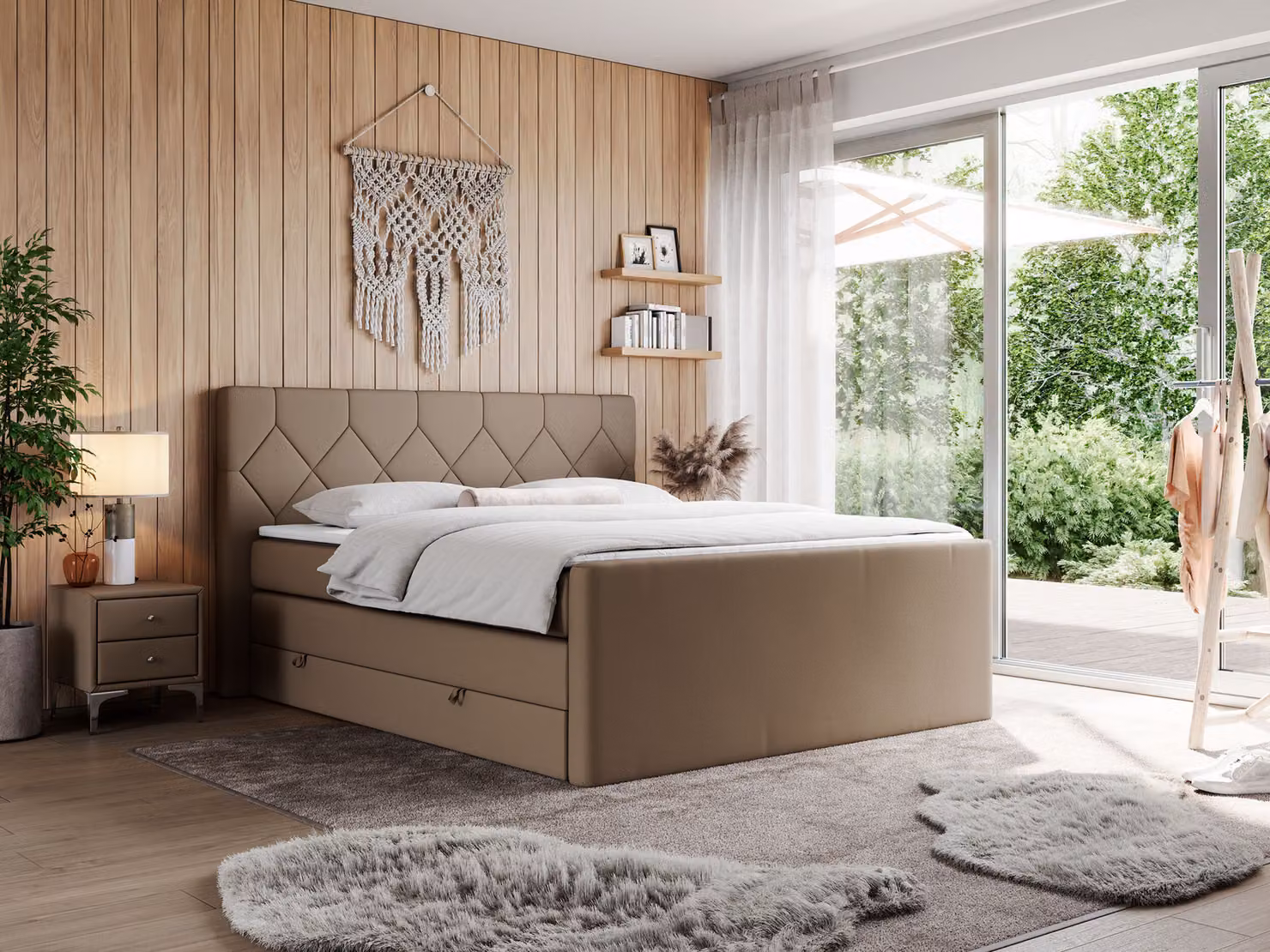 Letto boxspring con materasso matrimoniale, due cassetti portaoggetti, topper, per camera da letto - KING EIGAR - 180x200 cm - Marrone - H3