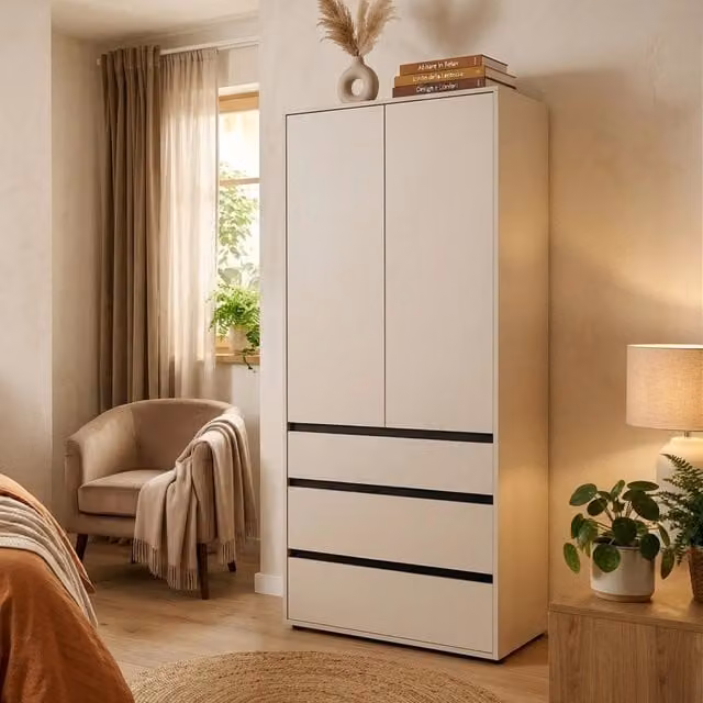 Armadio da camera da letto moderno DMORA con ante a battente, cassetti interni e appendiabiti, L: 93 cm, H: 211 cm, Bianco opaco – 1