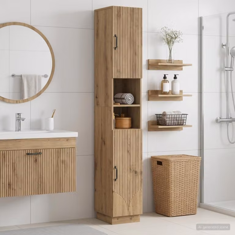 Armadio da Bagno Moderno vidaXL HOORN in Rovere e Metallo con Ripiano Aperto e Ante a Battente, Marrone e Nero, H: 187 cm, L: 31 cm, P: 30 cm