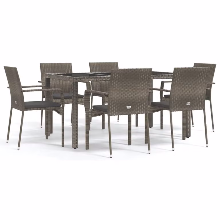 Set da Pranzo da Giardino 7 pz con Cuscini in Polyrattan Grigio