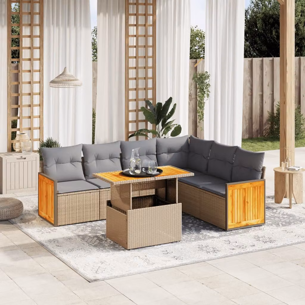 vidaXL Set Divani da Giardino 7 pz a Forma L in Polyrattan con Cuscini Beige e Tavolino da Esterno – 1