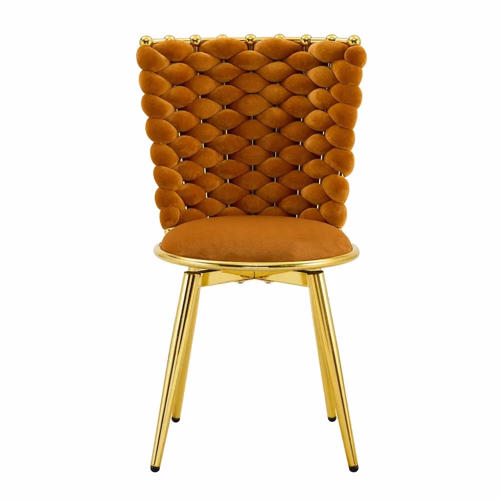 Set di 2 sedie da pranzo Minimal arancioni in velluto con gambe in metallo oro e schienale in corda intrecciata per sala da pranzo e soggiorno – 2