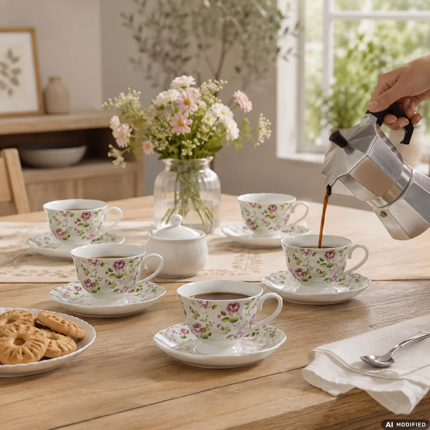 GUSTO CASA Set di 6 Tazzine da Caffè con Piattino in Ceramica con Decoro Floreale Multicolore, 8 cl – 1