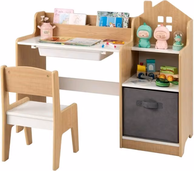 Set scrivania e sedia per bambini con mensole aperte e cassetto in tessuto, Tavolo da studio per bambini Naturale-Tavoli e sedie