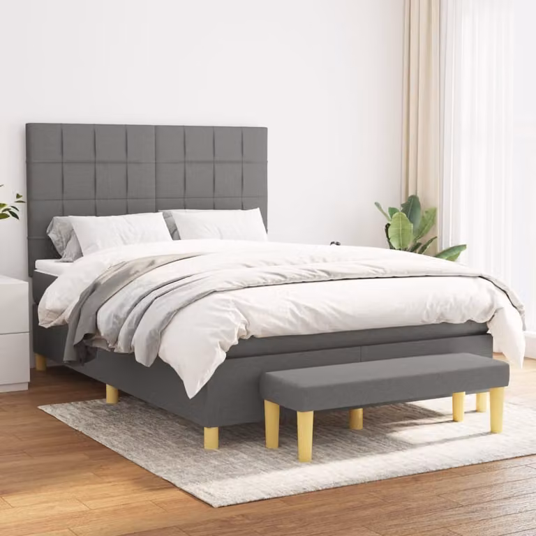 The Living Store Letto a molle con materasso grigio scuro 140x200 cm in tessuto