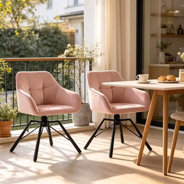 Set di 2 sedie da pranzo girevoli a 360 gradi Mivray in velluto rosa con braccioli e gambe in metallo nero – 1