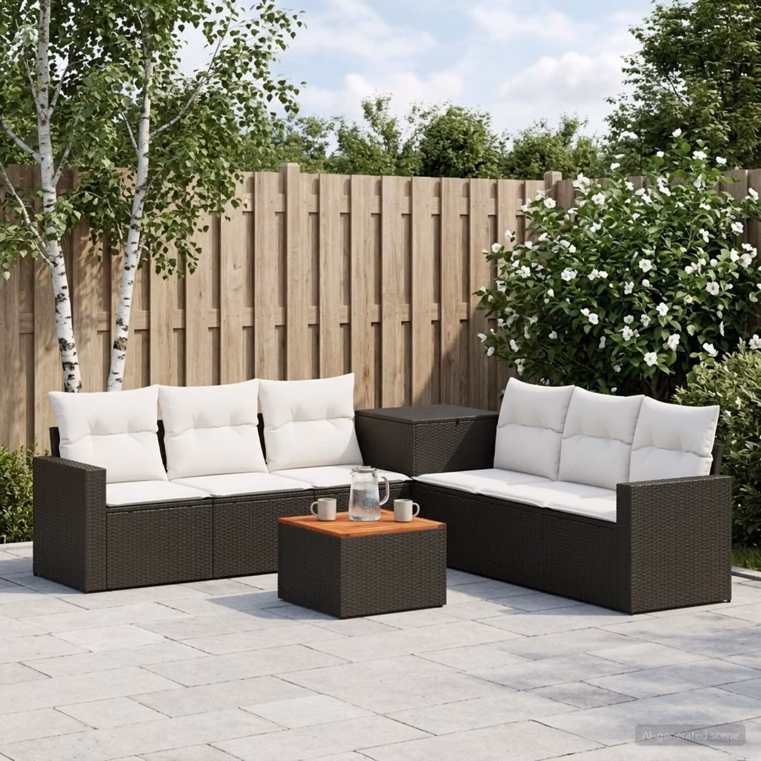 Set di divani da giardino vidaXL a forma di U in polyrattan nero e bianco crema con cuscini inclusi e tavolino da esterno