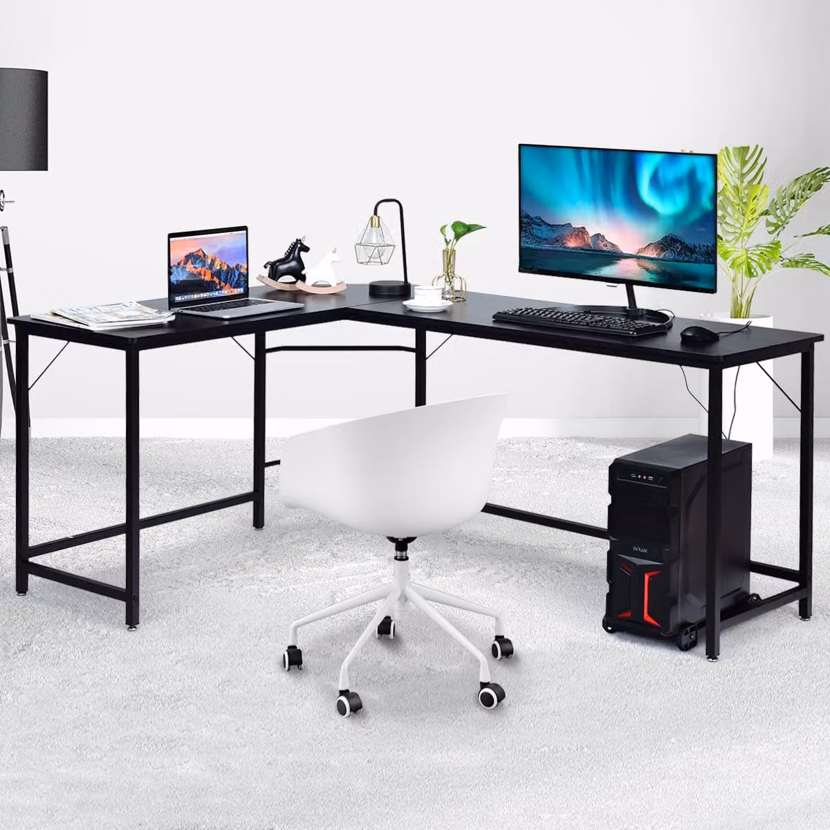 Scrivania ad angolo a forma di L Costway in legno e metallo nero per ufficio o casa, L/P/H: 168 x 125 x 74 cm