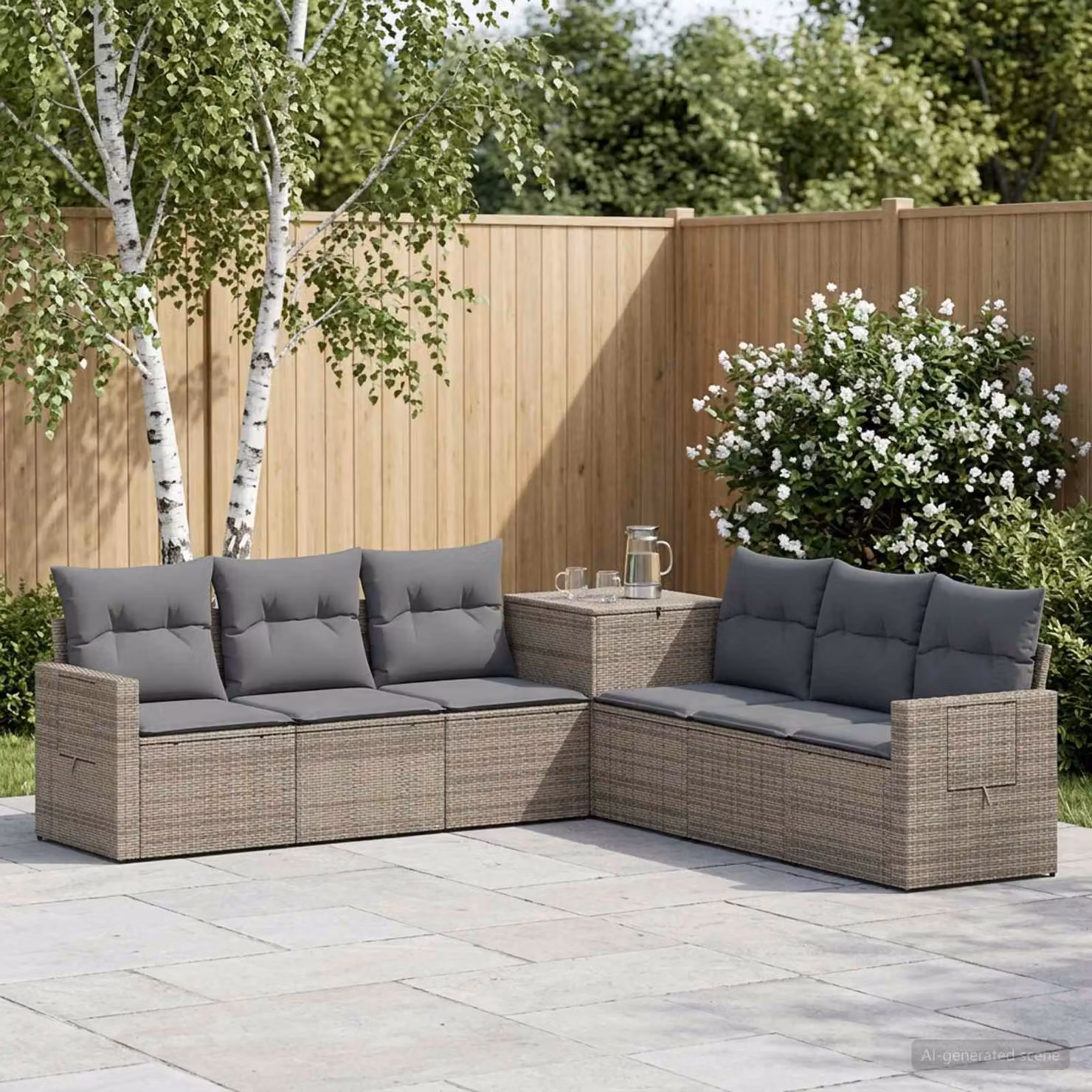 Set di divani da giardino vidaXL in polyrattan 7 pezzi, design moderno a L con cuscini inclusi, colori grigio e antracite
