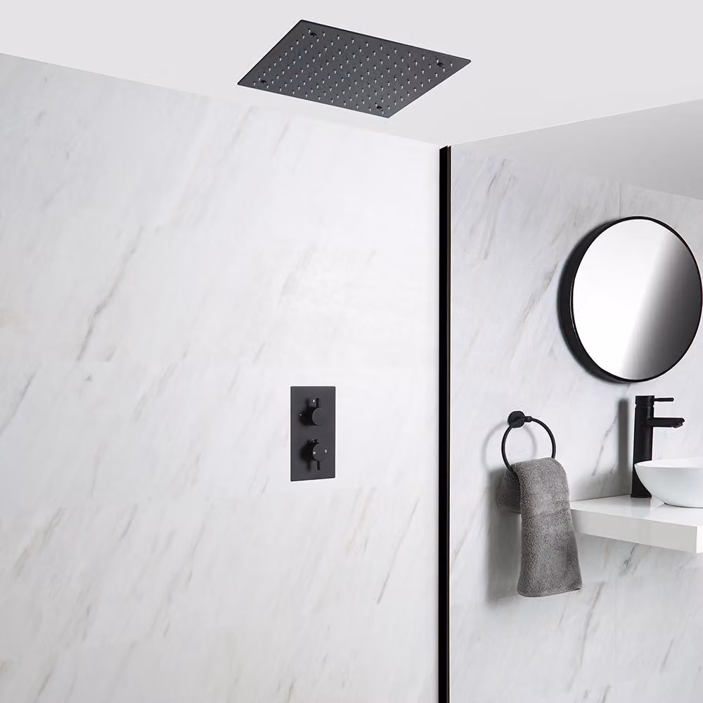 Sistema Doccia Termostatico Nero con Soffione Quadrato Incassato da 400mm (1 Via) - Nox