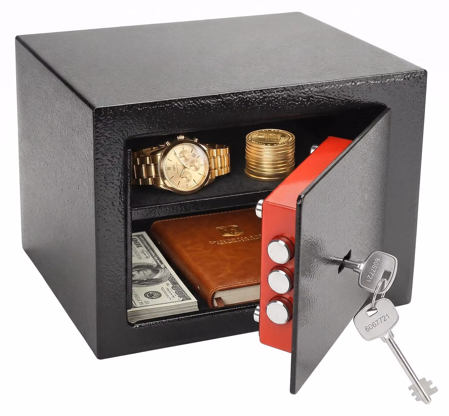 Mini cassaforte di dimensioni 23x17x17 cm, dotata di serratura a combinazione a 3 cifre, ideale per uso domestico