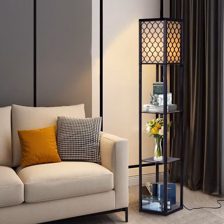 Lampada da terra con ripiani, legno nero, paralume crema, 160 cm