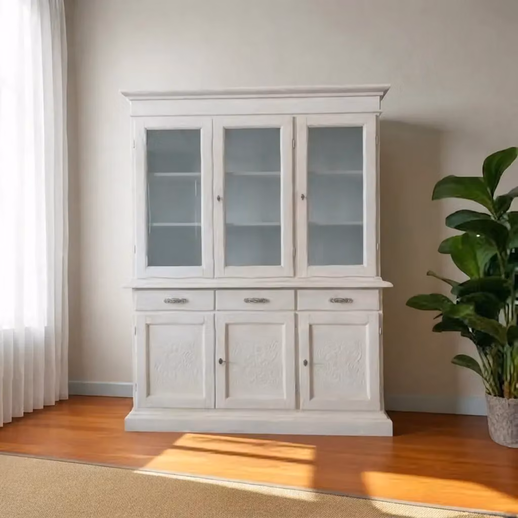 Credenza cristalliera KIVIO in legno e vetro con ante in vetro, colore bianco, H: 205 cm, L: 160 cm, P: 45 cm – 2