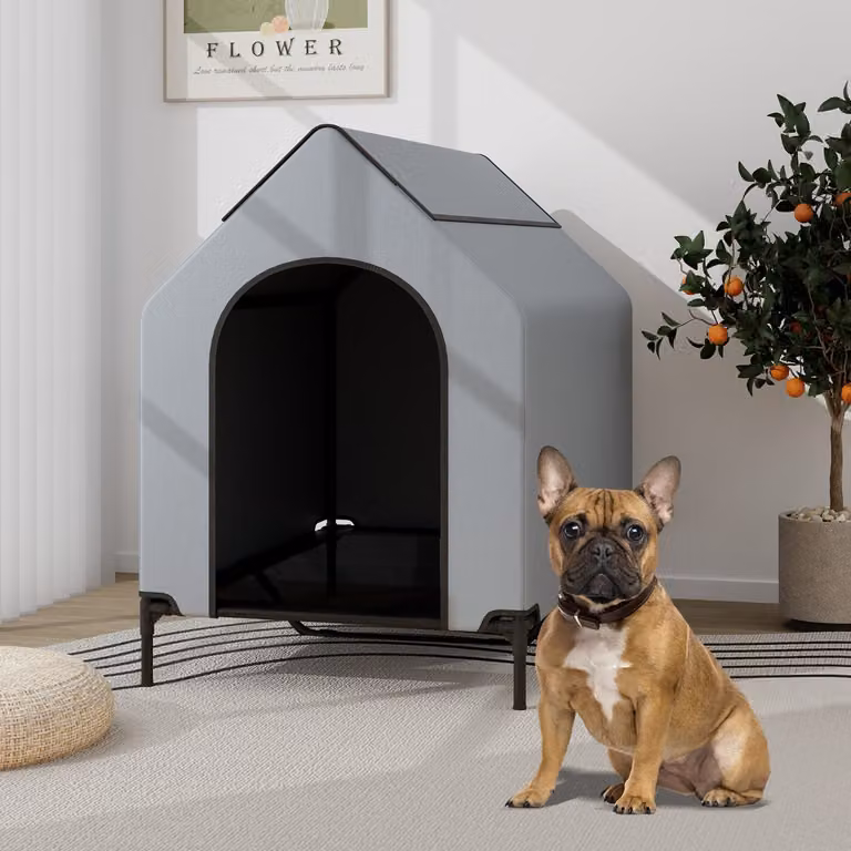 Cuccia rialzata per cani Costway con finestre ventilate e copertura rimovibile, Grigio, L 110 cm x P 75 cm x H 106 cm