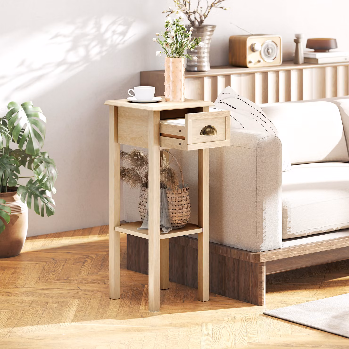 Tavolino Rustico HOMCOM con Cassetto e Mensola in Legno Naturale, Colore Marrone e Beige, L/P/H: 30 x 30 x 75 cm – 2