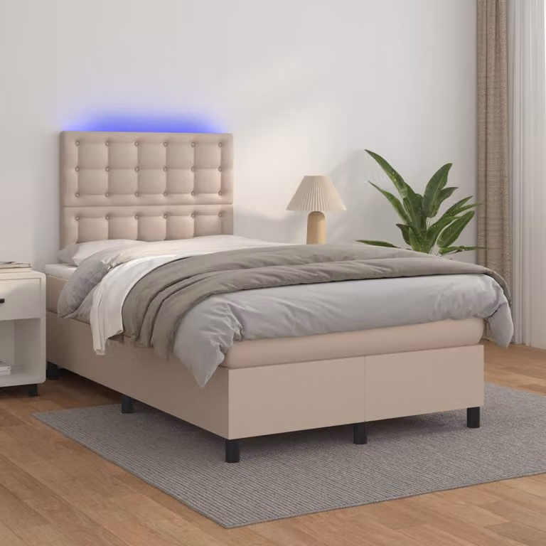 Letto con giroletto a molle, materasso ibrido e illuminazione LED vidaXL, colore cappuccino, L/P/H: 200 x 120 x 128 cm