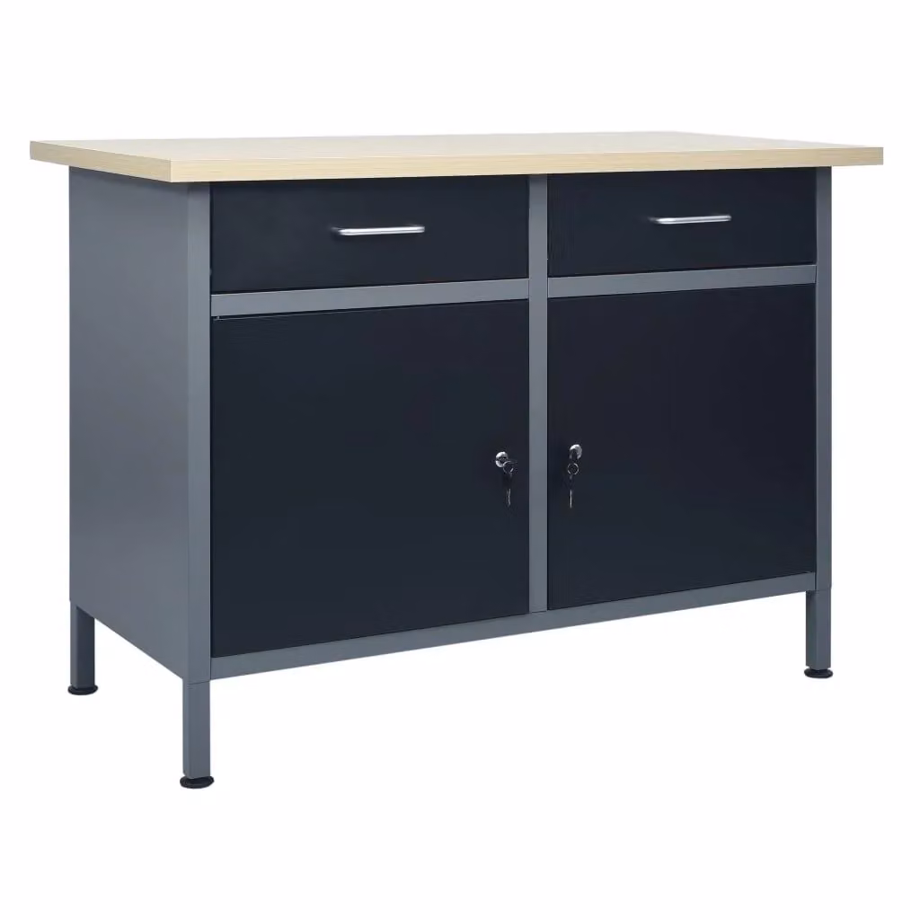 Banco da lavoro robusto in acciaio e legno per officina e garage, colore nero e grigio, L: 120 cm, P: 50 cm, H: 85 cm, con altezza regolabile – 2