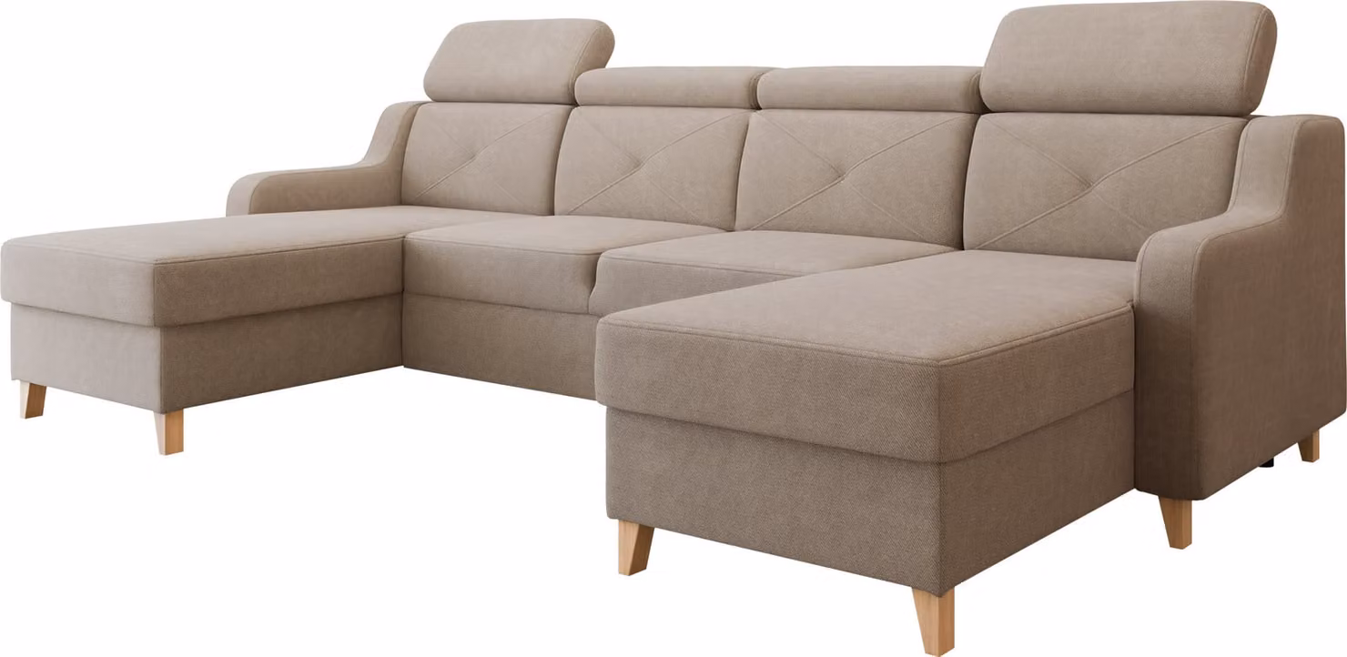 MIRJAN24 Completo salotto Marbella U, divano ad angolo con due contenitori e funzione letto, a forma di U, piedini in legno, poggiatesta regolabili (colore: Paros 02)