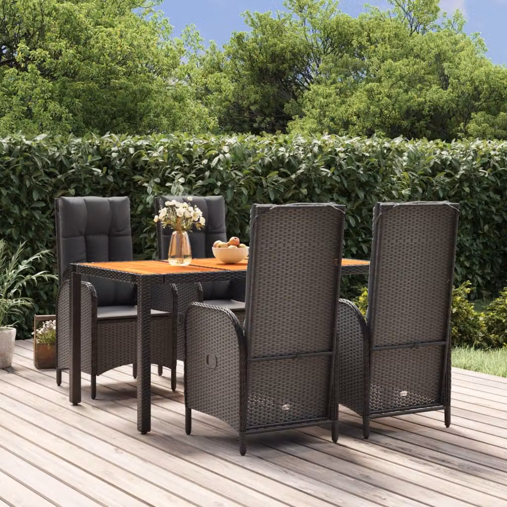Set da pranzo da giardino vidaXL in polyrattan e legno di acacia con 5 pezzi, colore nero e marrone