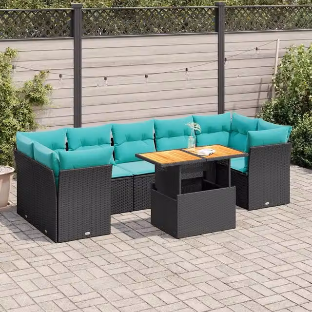 Set Divano da Giardino 8 pz con Cuscini Nero in Polyrattan 3326899
